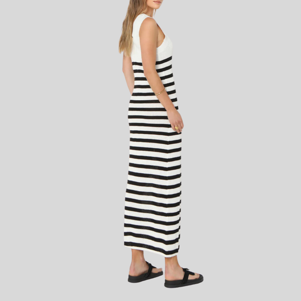 Gotstyle Fashion - Madison Dresses Stripe Scoop Neck Sleeveless Knit Dress - Black/White