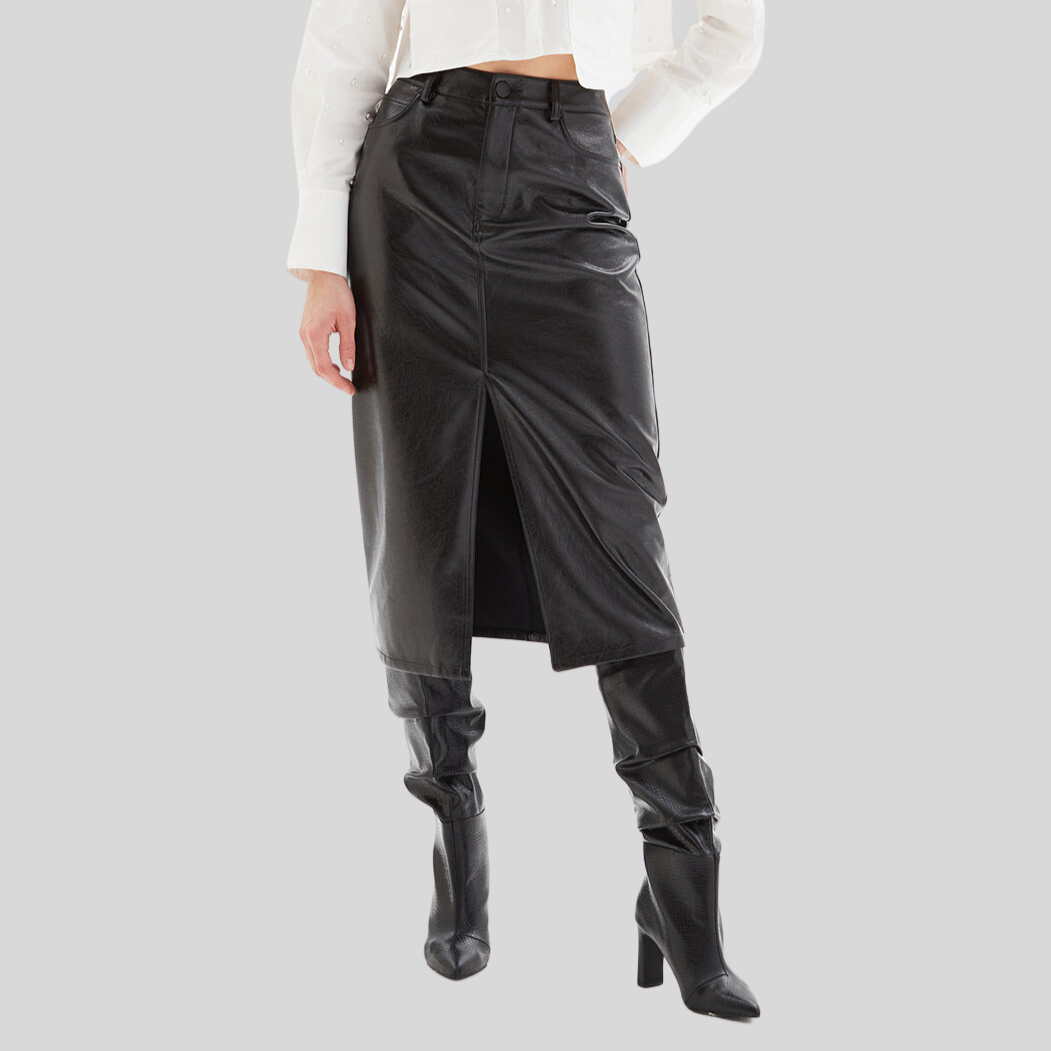 5-Pocket Front Slit Midi Skirt - Black