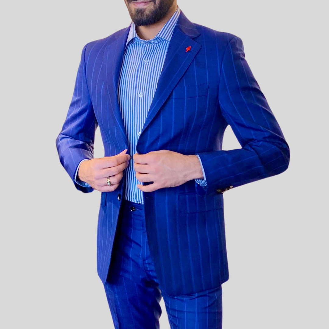 Stripes Wool / Silk Pick Stitching Suit - Blue