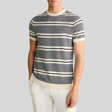 Stripe Knit Crew Ribbed T-Shirt - Navy