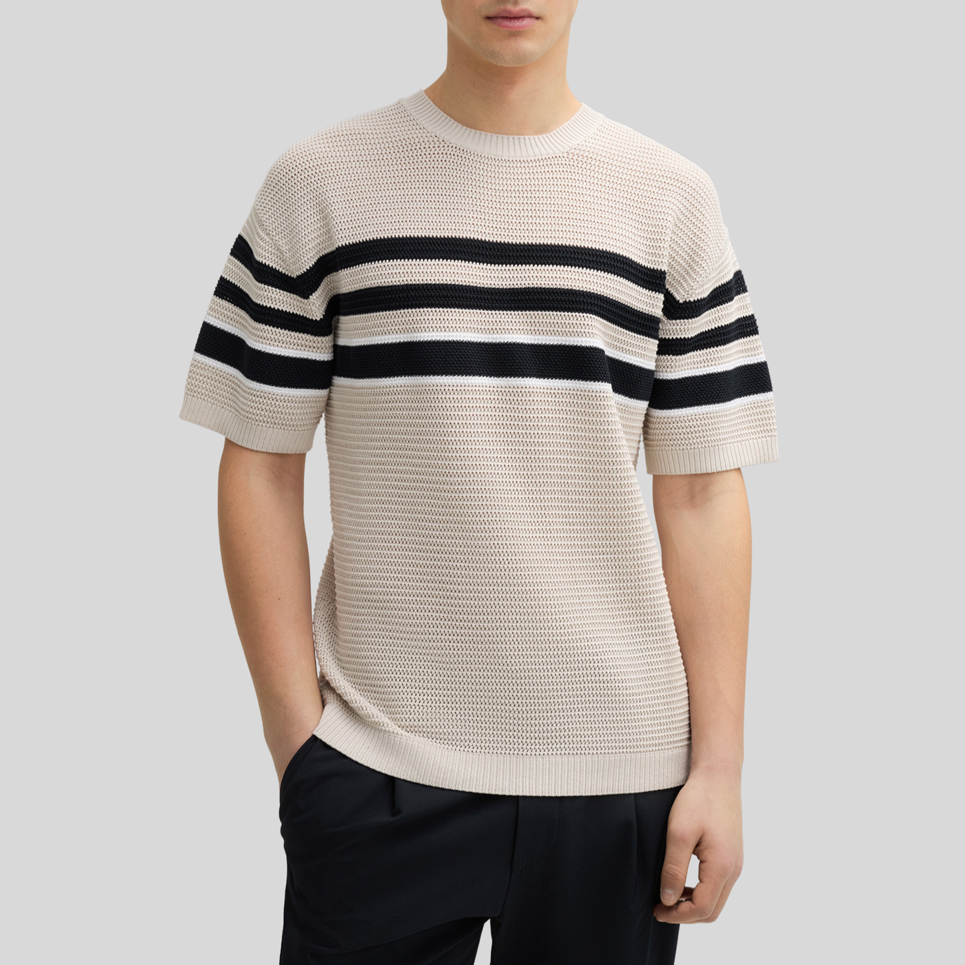 Contrast Stripes Knit T-Shirt - Beige