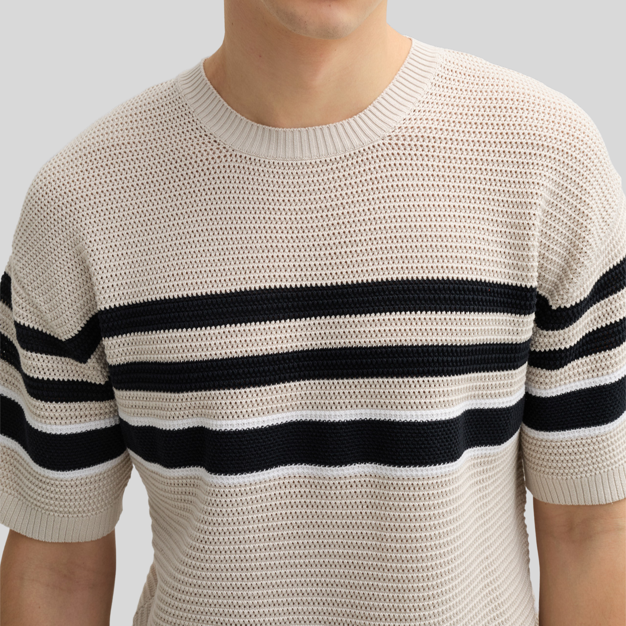 Contrast Stripes Knit T-Shirt - Beige