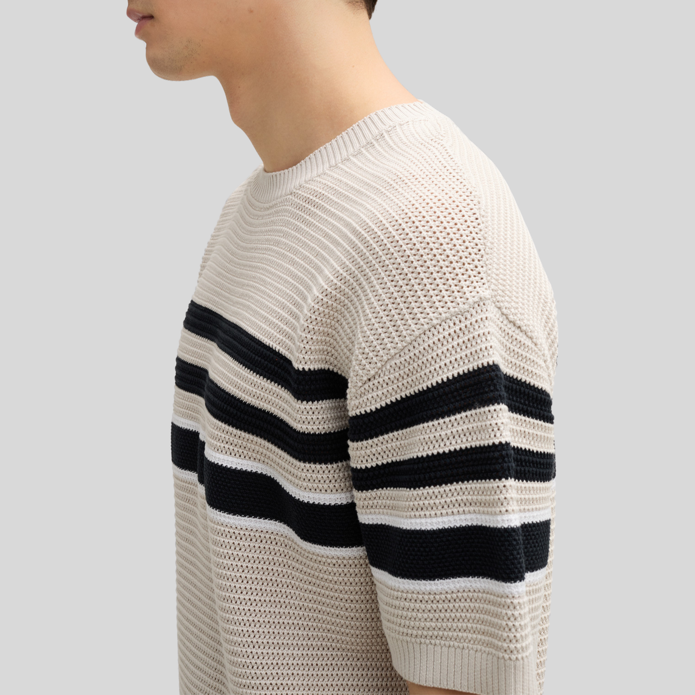 Contrast Stripes Knit T-Shirt - Beige