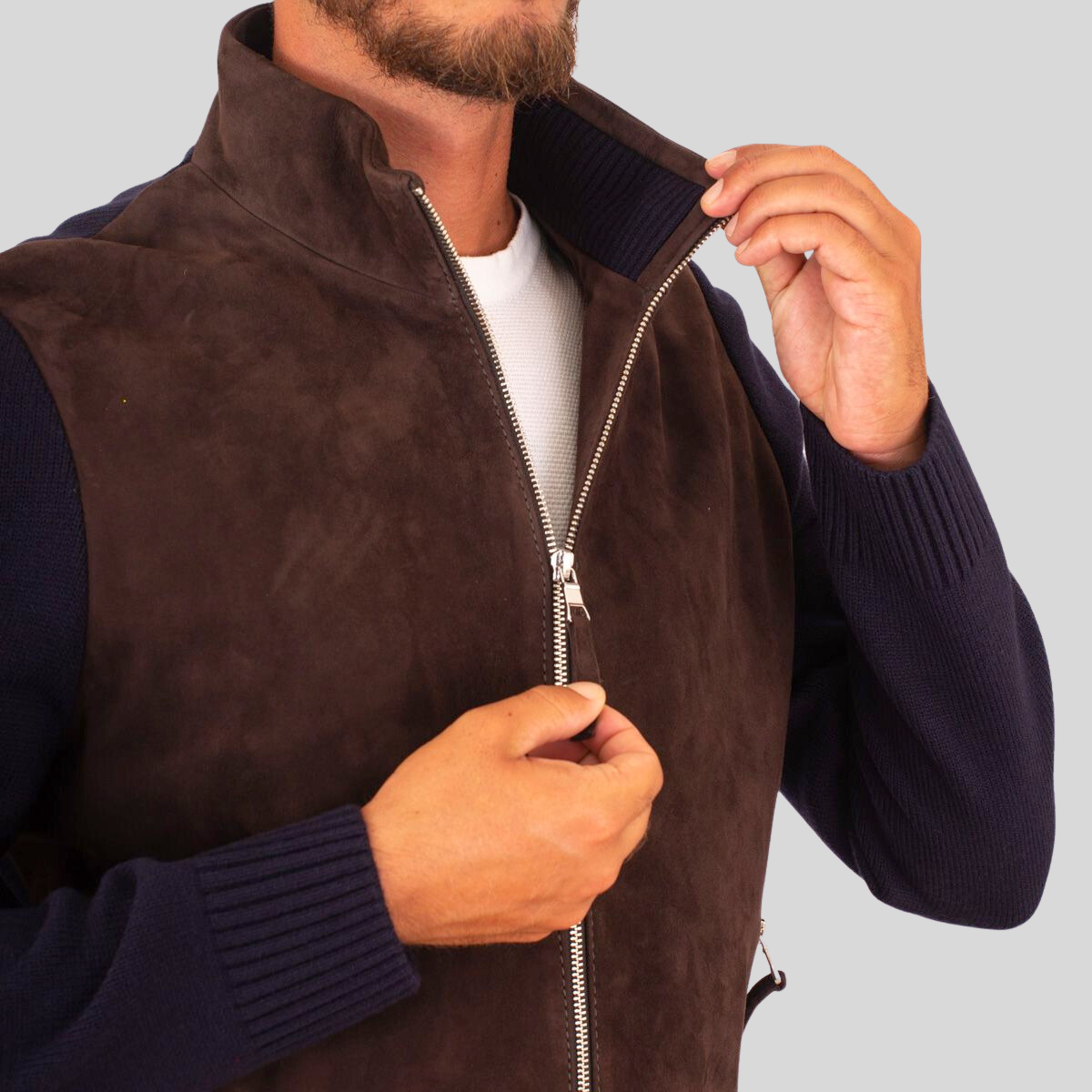 Gotstyle Fashion - The Jack Leathers Jackets Suede / Knit Hybrid Double Zip Jacket - Brown/Navy