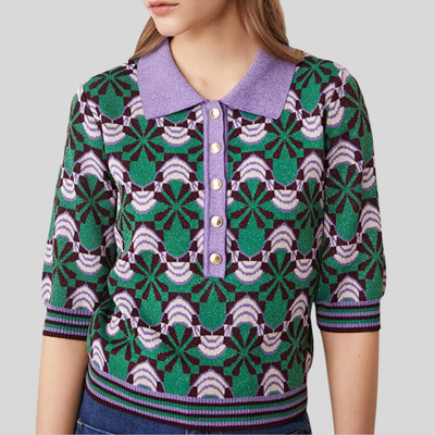 Gotstyle Fashion - Suncoo Sweaters Geo Pattern Half-Sleeve Lurex Polo Sweater - Multi