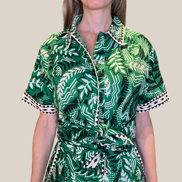 Abstract Garden Print Linen Blend Blouse - Green