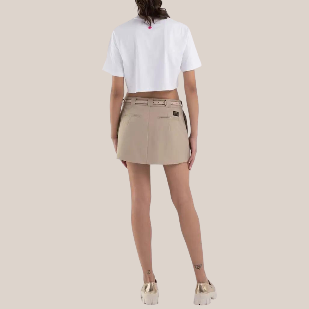 Pleated Raw Hem Twill Mini Skirt - Tan