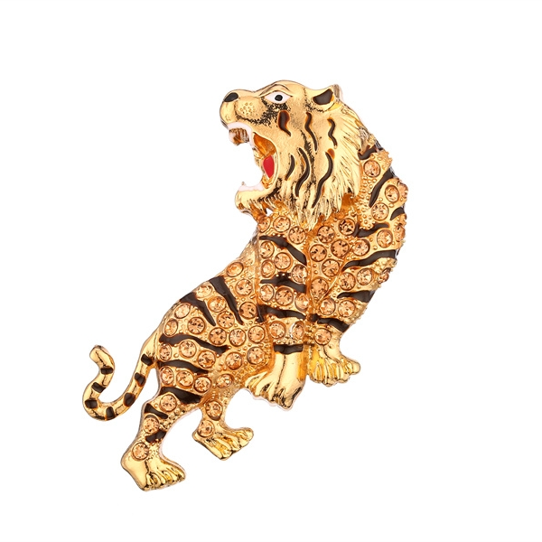 Roaring Tiger Rhinestone Brooch Pin - Champagne