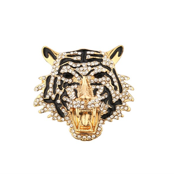 Tiger Face Rhinestone Brooch Pin - Gold