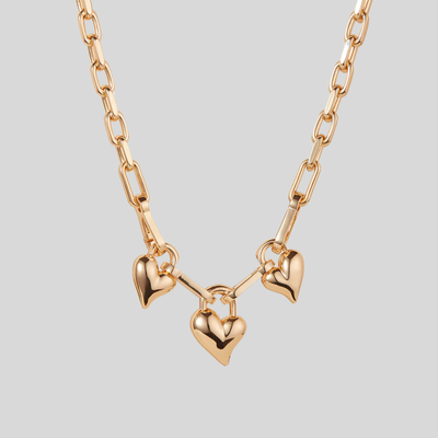 Padlock Triple Hearts Pendant Chain Link Necklace - Gold