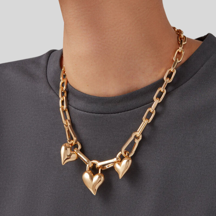 Padlock Triple Hearts Pendant Chain Link Necklace - Gold