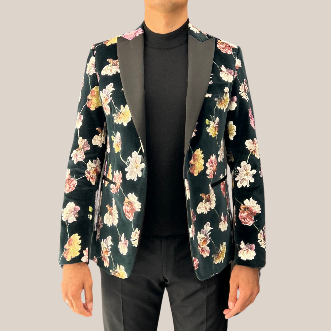 Floral Print Velvet Smoking Jacket - Green