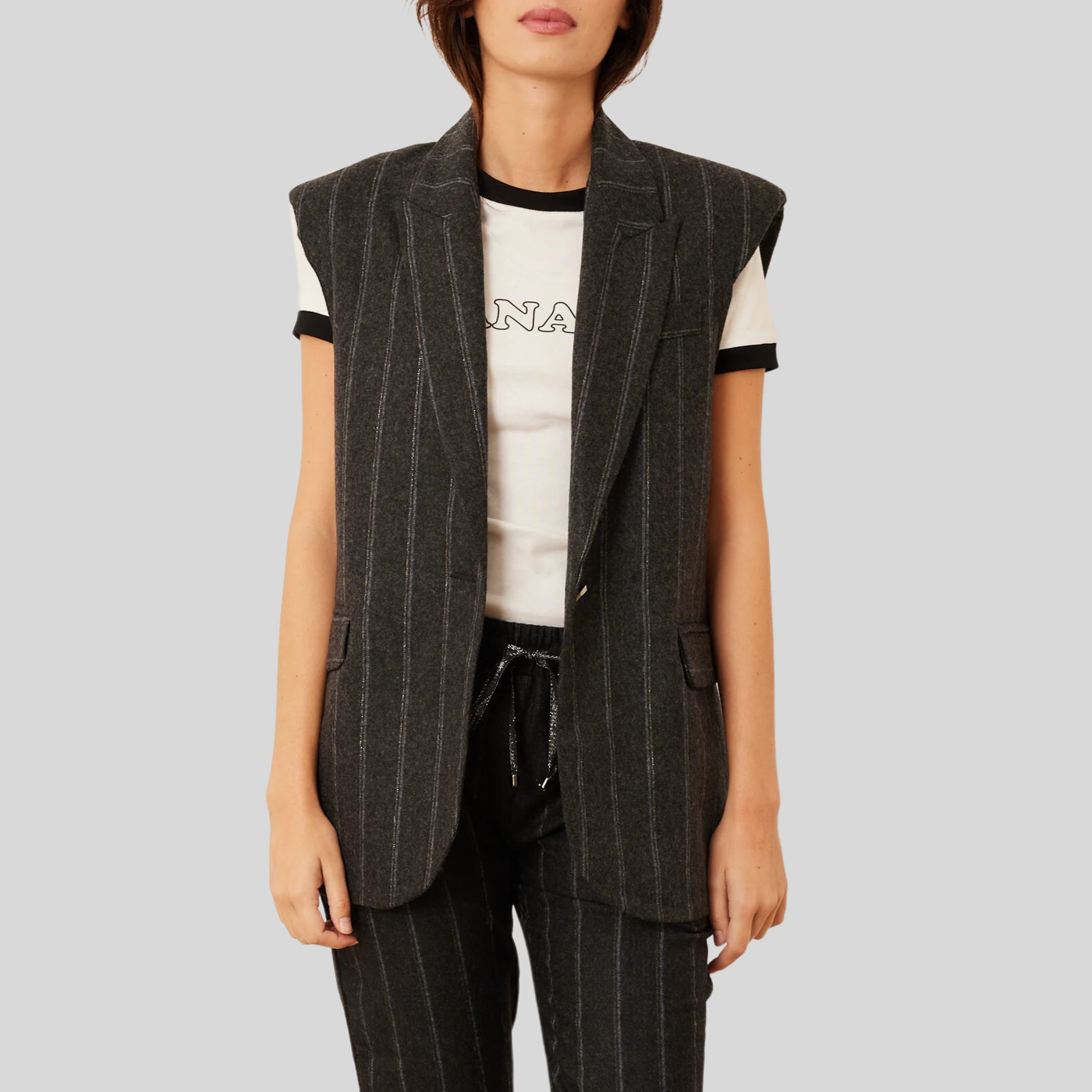 Stripe Peak Lapel Sleeveless Blazer - Grey