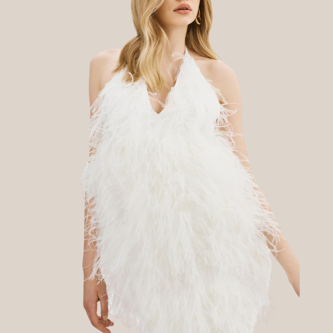 Gotstyle Fashion - LAMARQUE Dresses Deep Plunge Halter Neckline Feather Dress - White