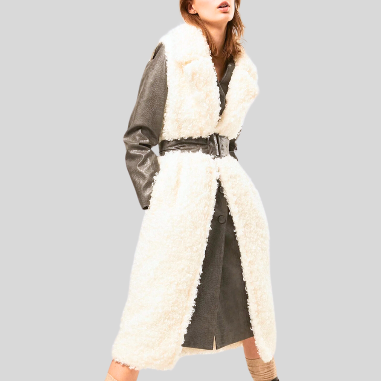 Faux Shearling Notch Lapel Long Vest - White