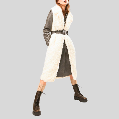 Faux Shearling Notch Lapel Long Vest - White