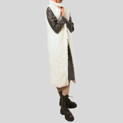 Faux Shearling Notch Lapel Long Vest - White