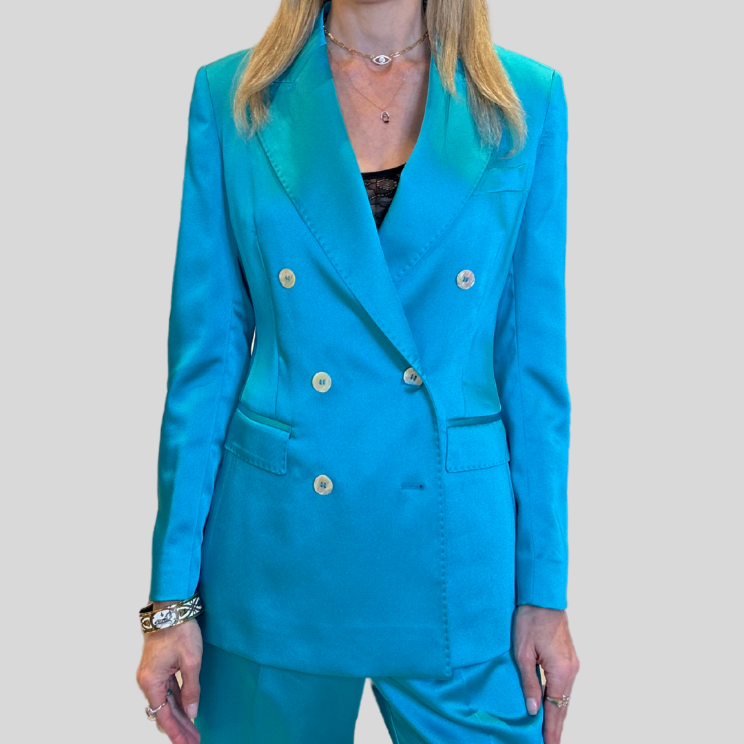 Shiny Double Breasted Blazer - Turquoise