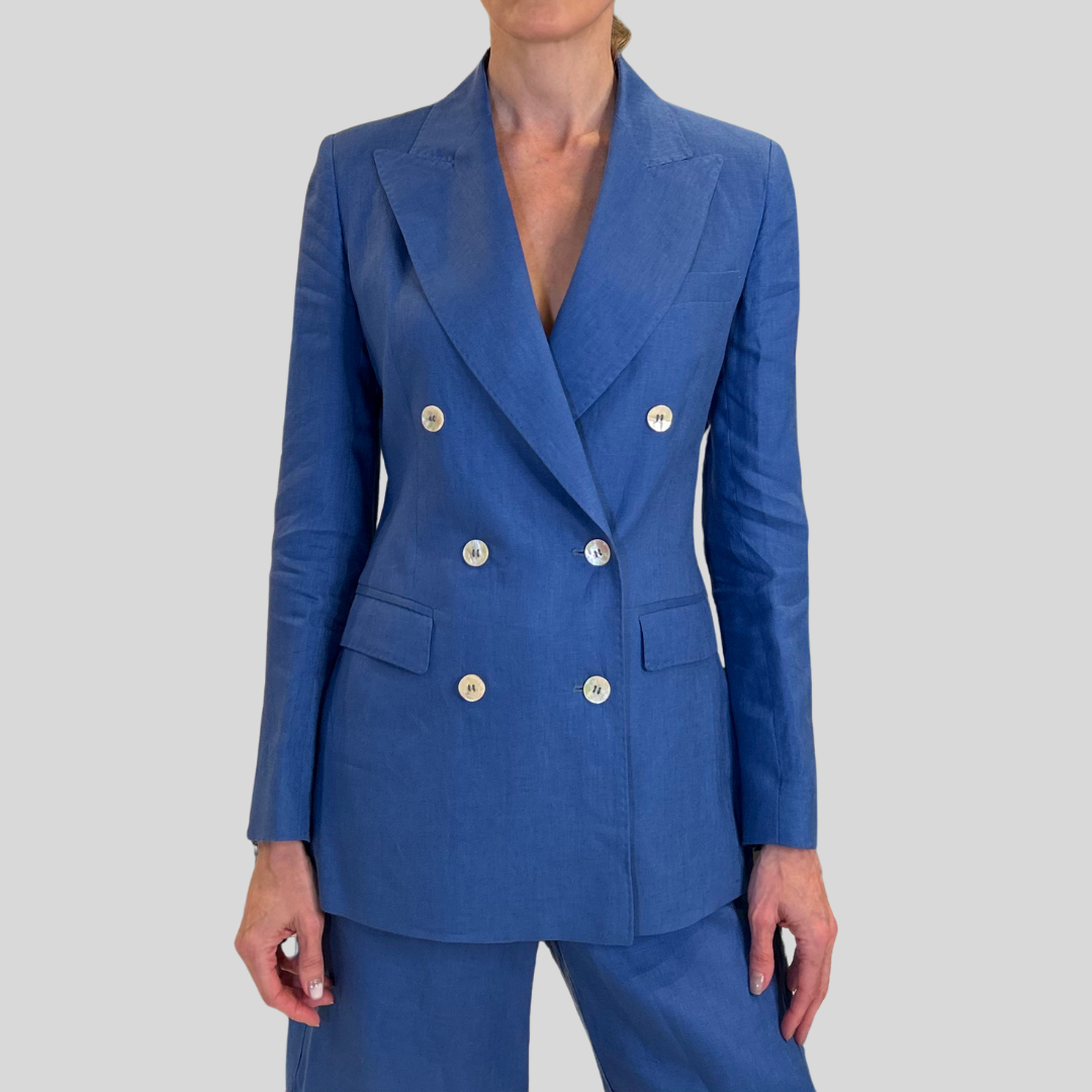 Linen Double Breasted Blazer - Blue