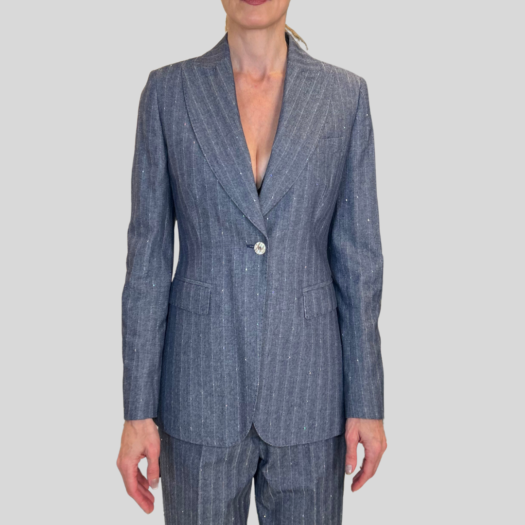 Herringbone Pinstripe Blazer - Denim Blue