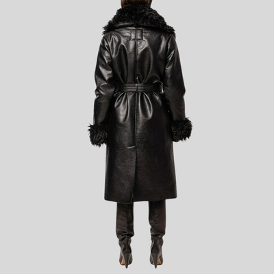 Faux Leather Belted Coat - Black