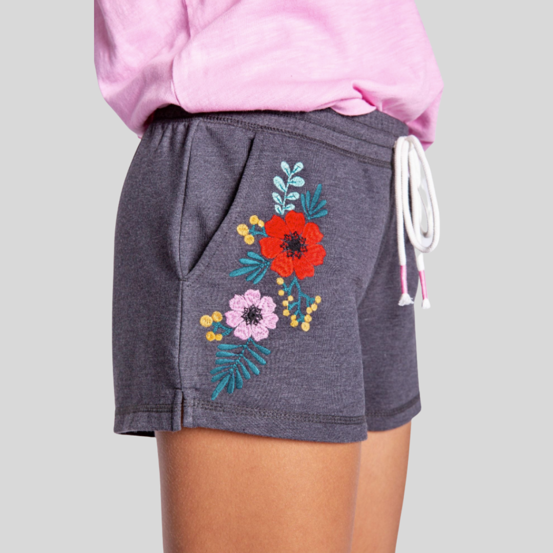 Gotstyle Fashion - PJ Salvage Shorts Floral Embroidery Terry Lounge Short - Grey