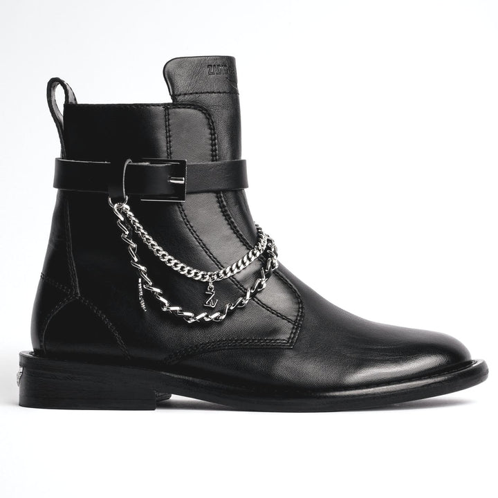 Black butthead chain zip front biker boot