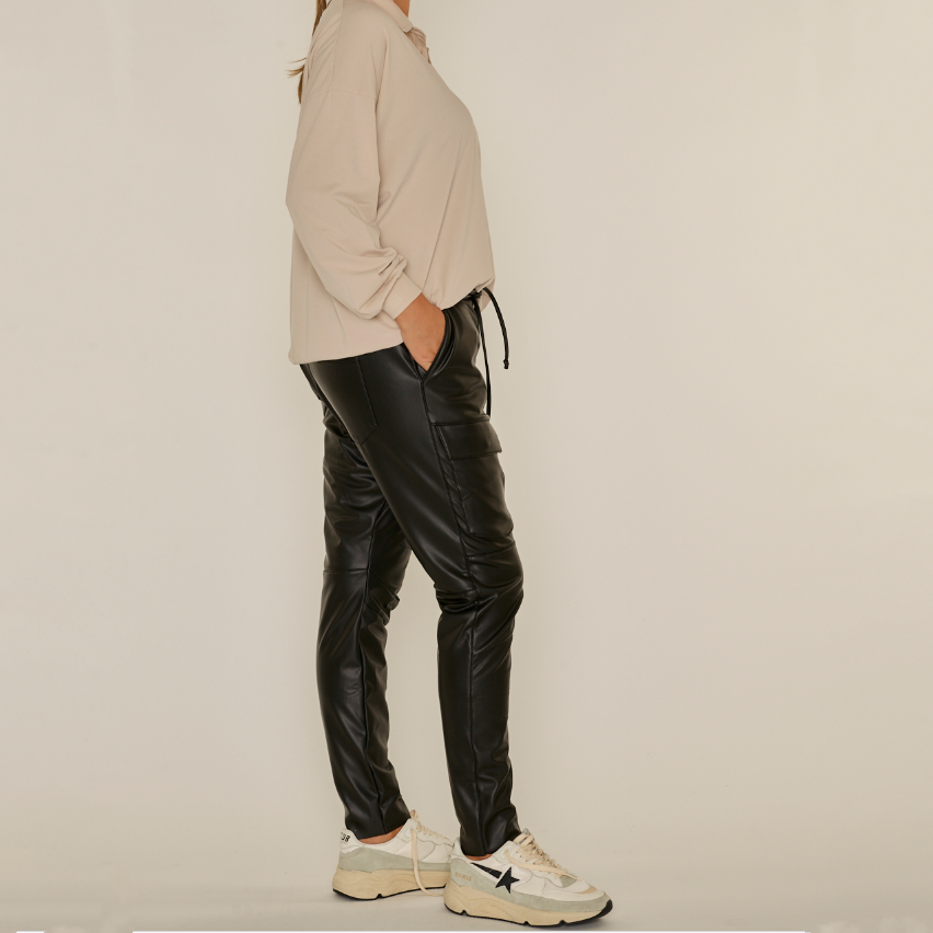 Gotstyle Fashion - Penn&Ink N.Y Pants Faux Leather Drawstring Cargo Pant - Black
