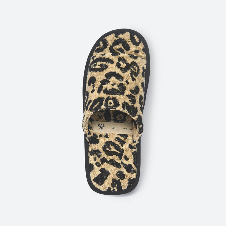 OAS Leopard Print Terry Open Toe Slippers Tan