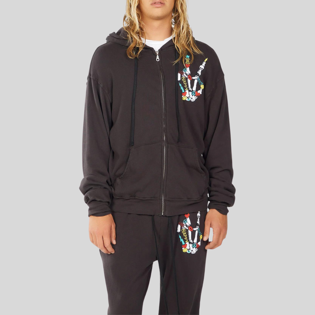 Gotstyle Fashion - Lauren Moshi Sweatshirts Colour Skeleton Peace Zip Pocket Hoodie - Charcoal