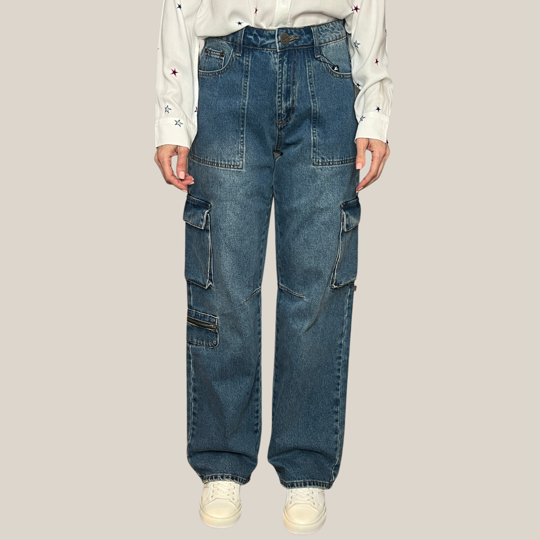 Gotstyle Fashion - One Teaspoon Denim Mid-Waist Wide Leg Cargo Jeans - Blue
